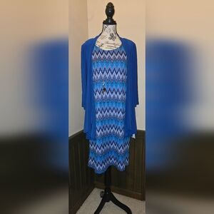 R&M Richards Blue and Black  Chevron Dress With Attached Cardigan And Necklace